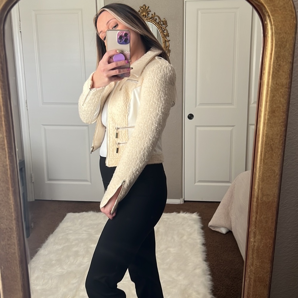 BEBE Wool Teddy Shearling Cream Moto Jacket - Picture 2 of 9